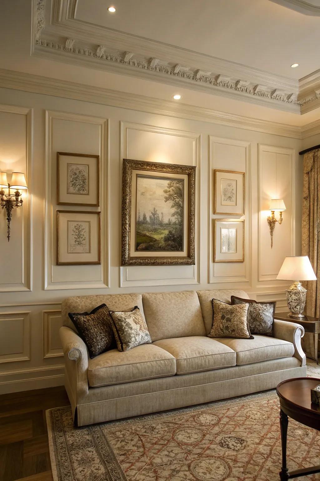 Construct an elegant scene using framed wall detail.