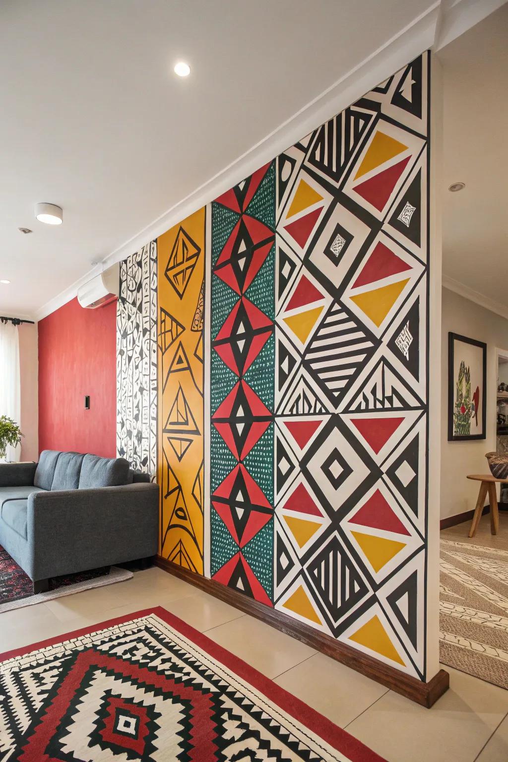 Contemporary geometric patterns adorn a living room wall.