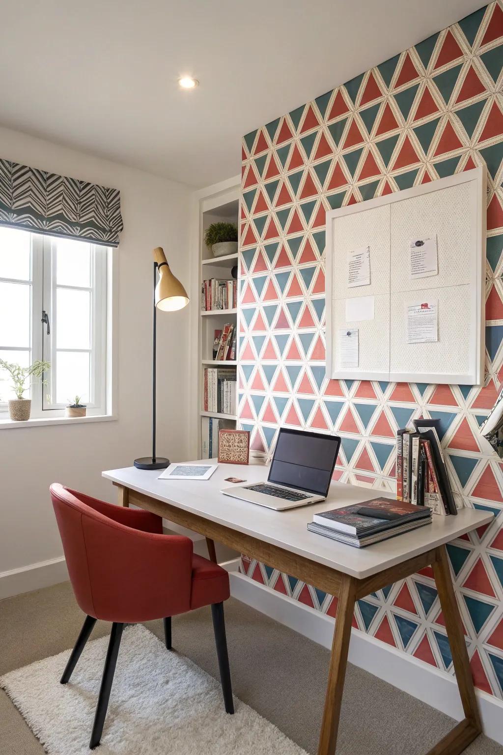 A contemporary workspace highlighting a prominent geometric wallpaper border.
