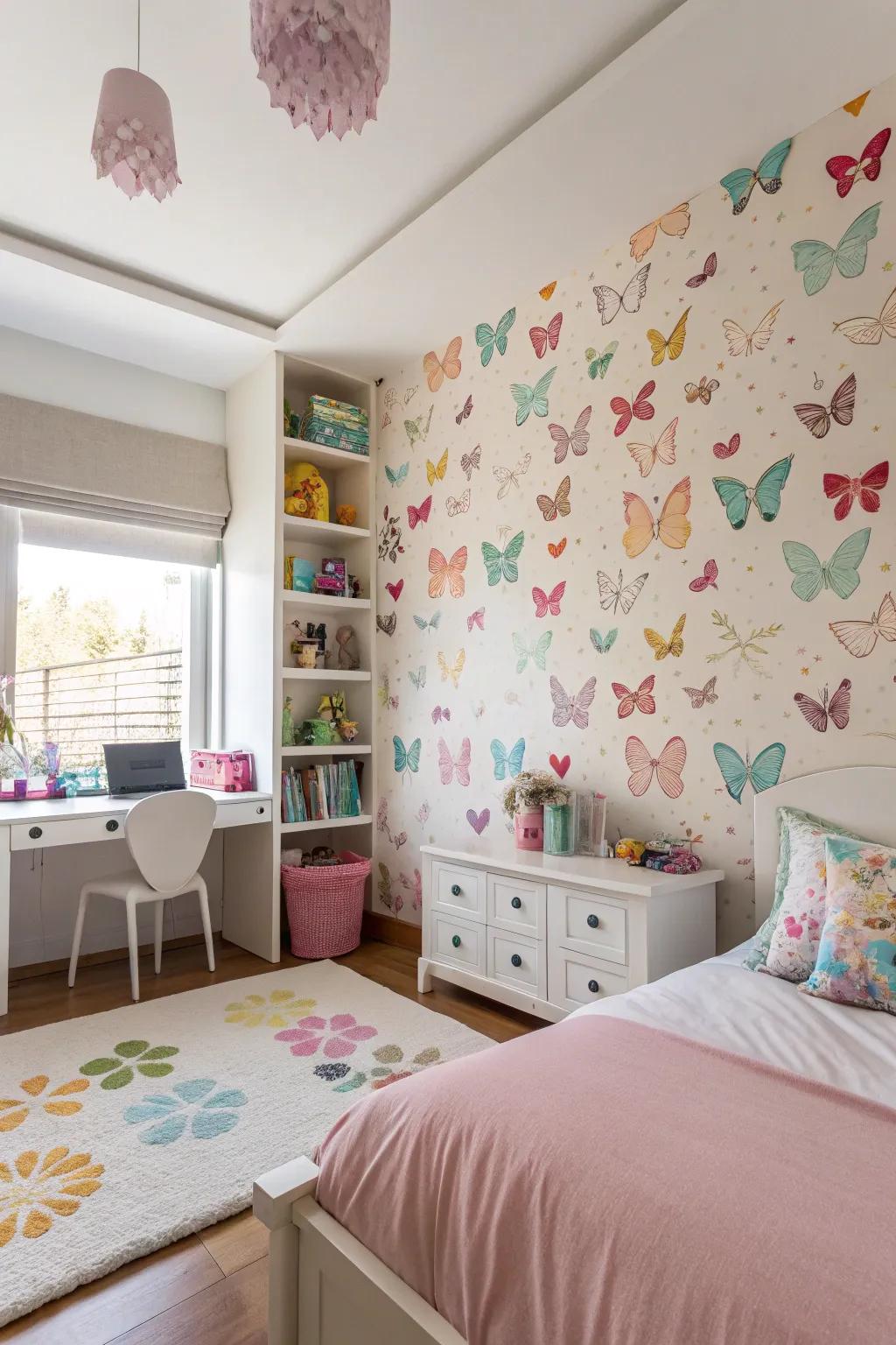 Butterflies lend a whimsical and joyous atmosphere to a girl's space.