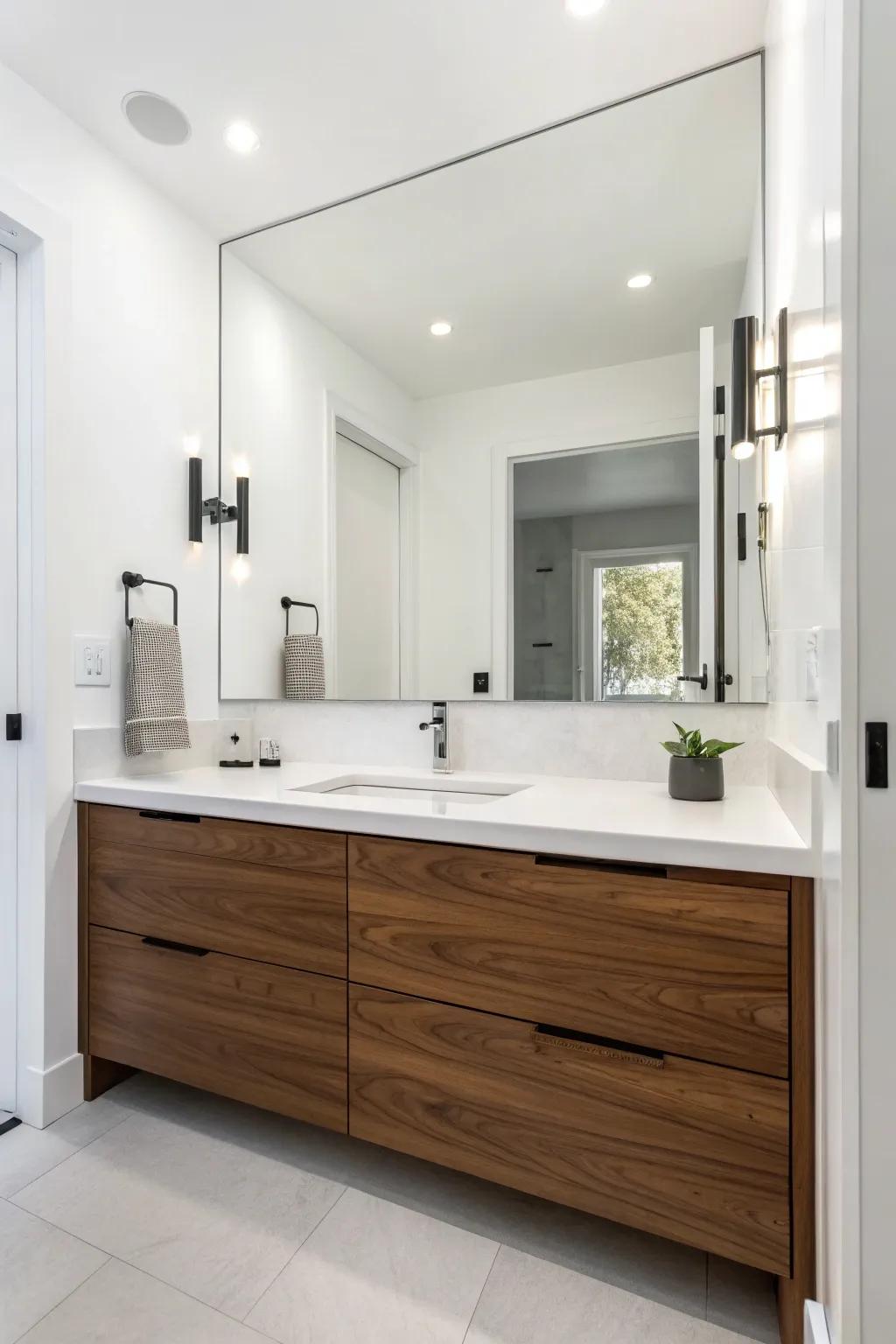 Supreme simplicity defines this modern walnut vanity.