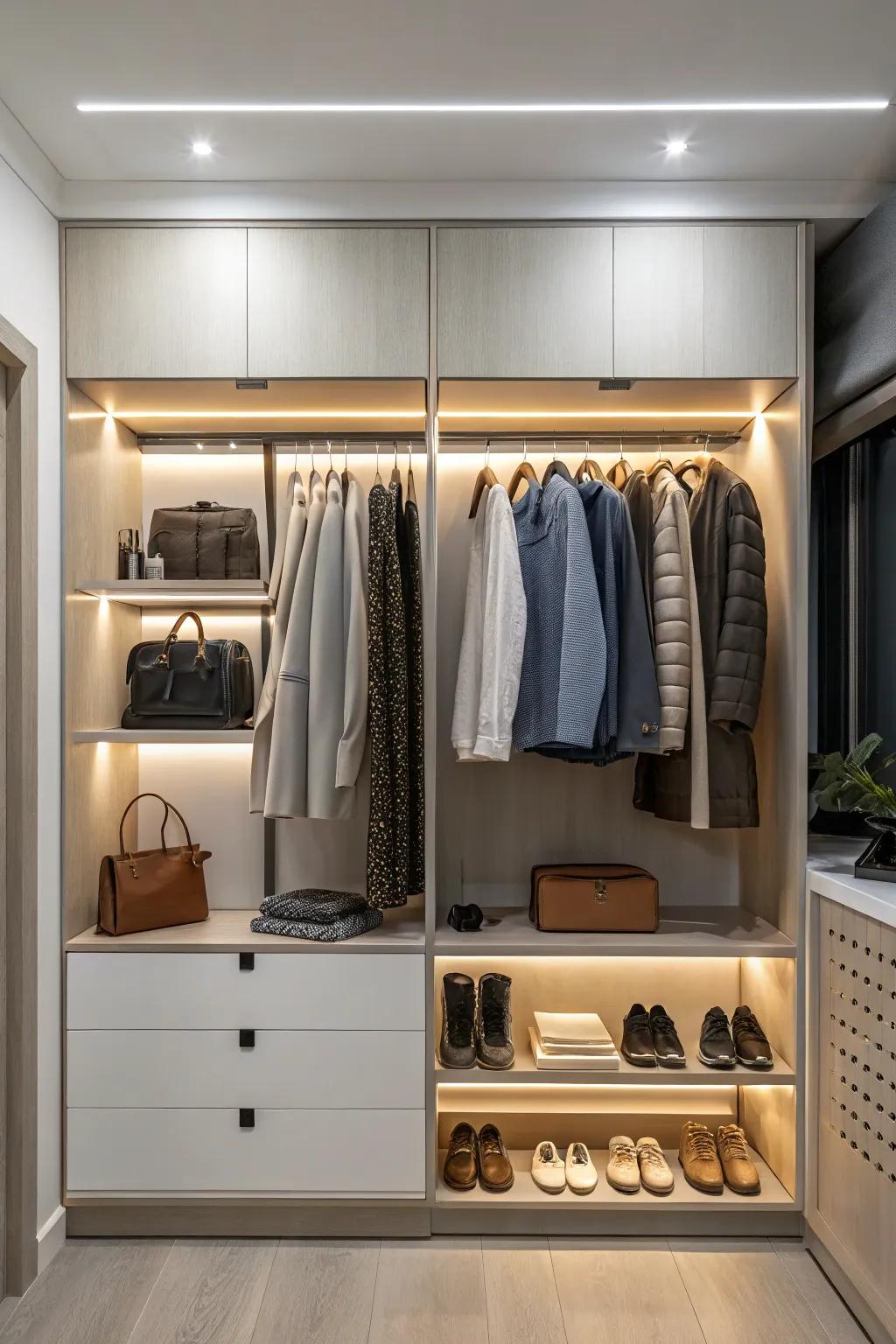Integrated lighting transforms the wardrobe into a sophisticated, functional space.