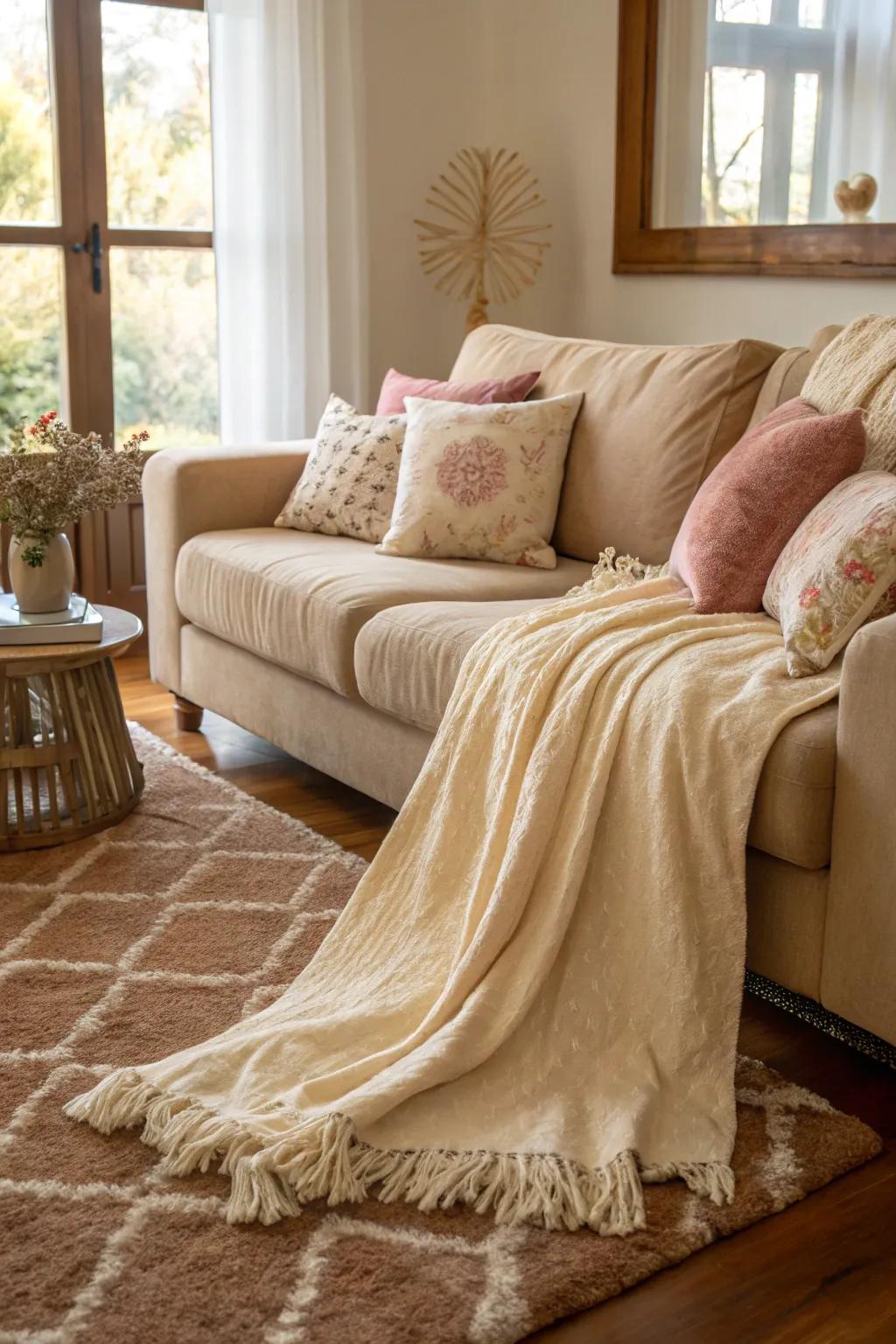 Delicate textures introduce comfort and warmth to a neutral living area.
