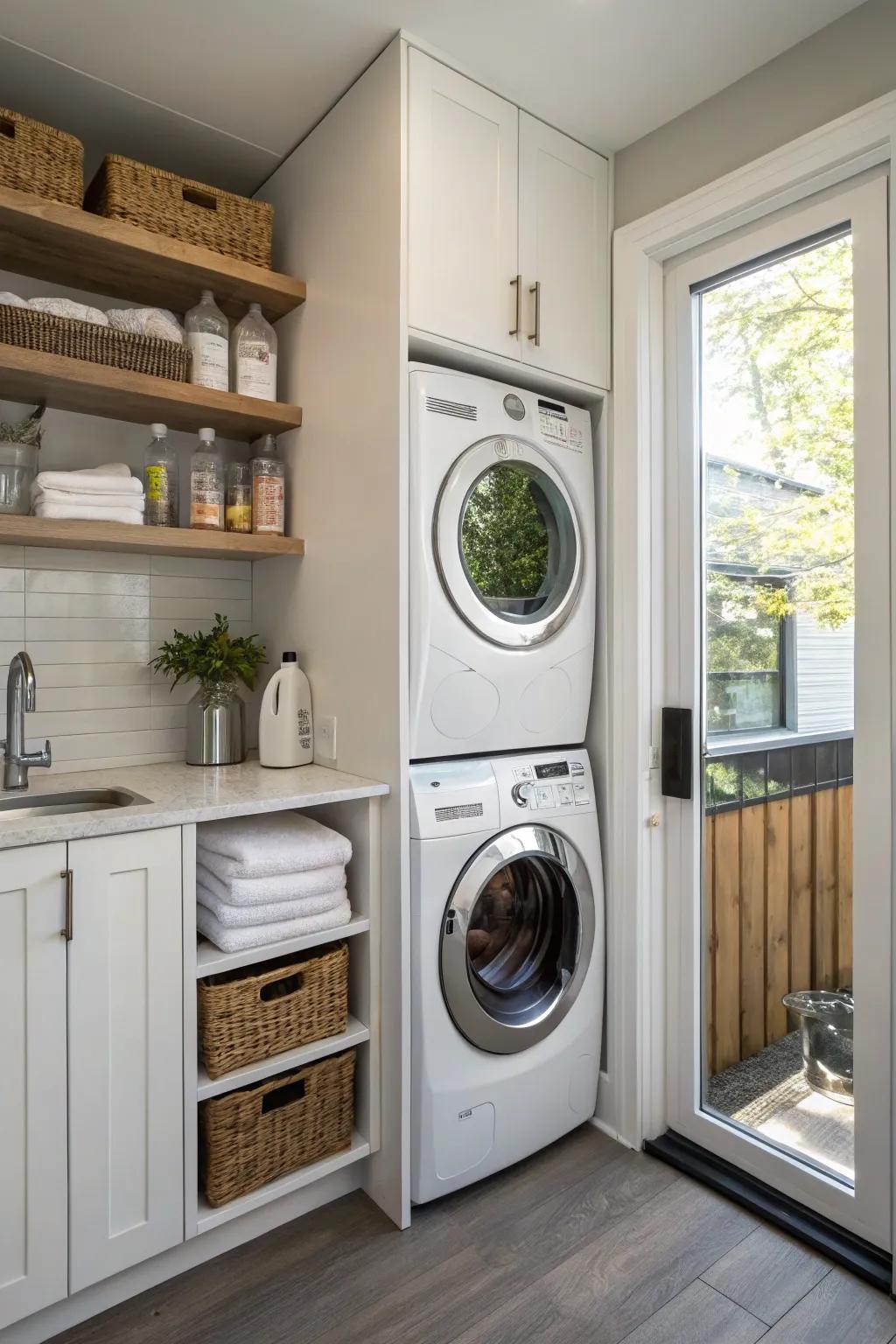 Vertically arranged washer and dryer units nestled in a kitchen alcove exemplify effective space management.
