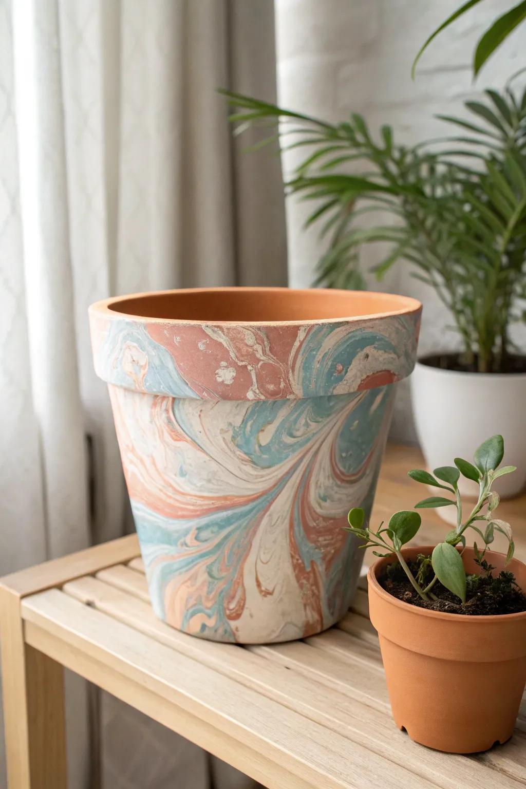 Uplift your plant arrangement with the finesse of water marbling - a synergy of simplicity and sophistication.