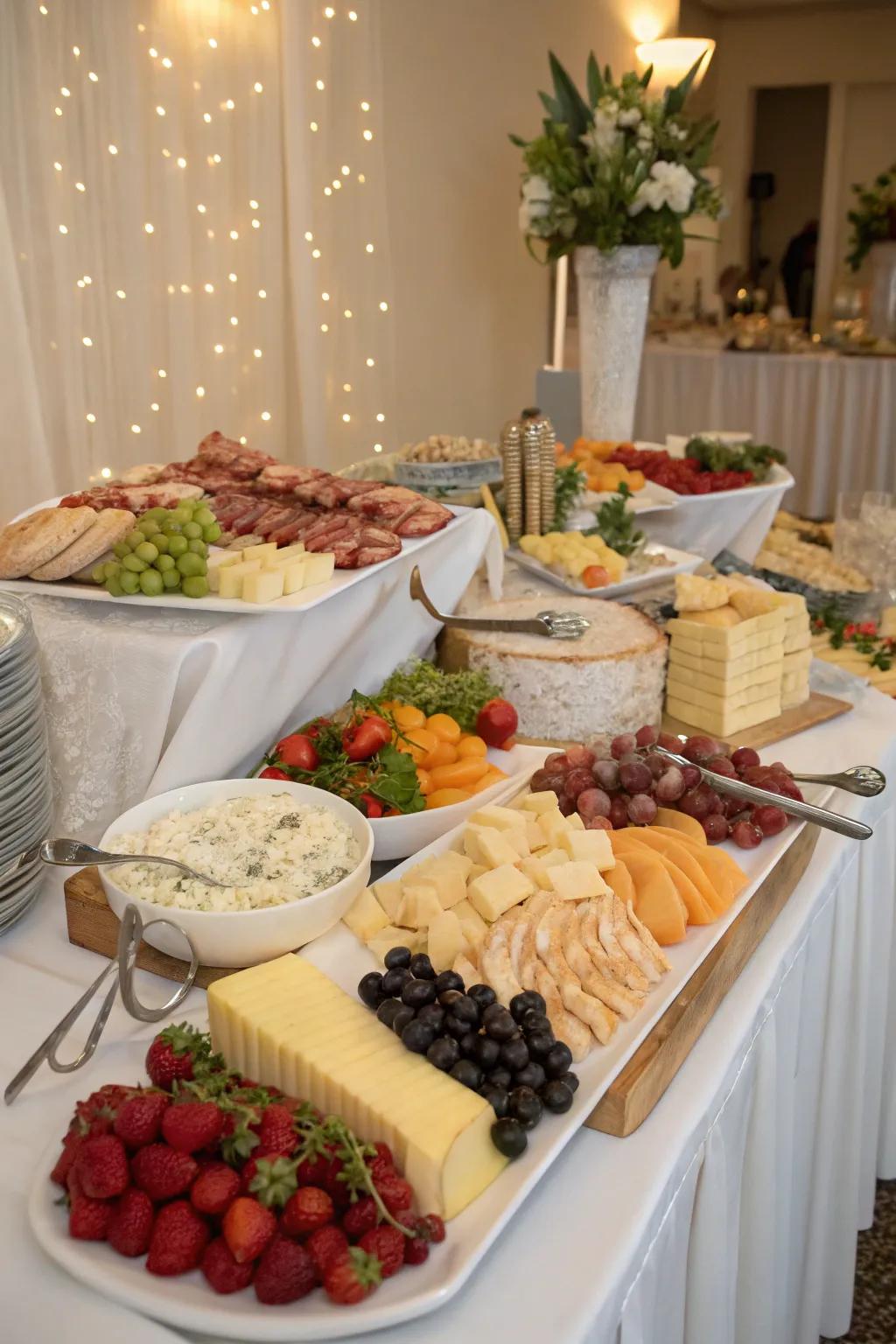 An extravagant buffet display curated for a wedding breakfast, boasting a plethora of delightful options.