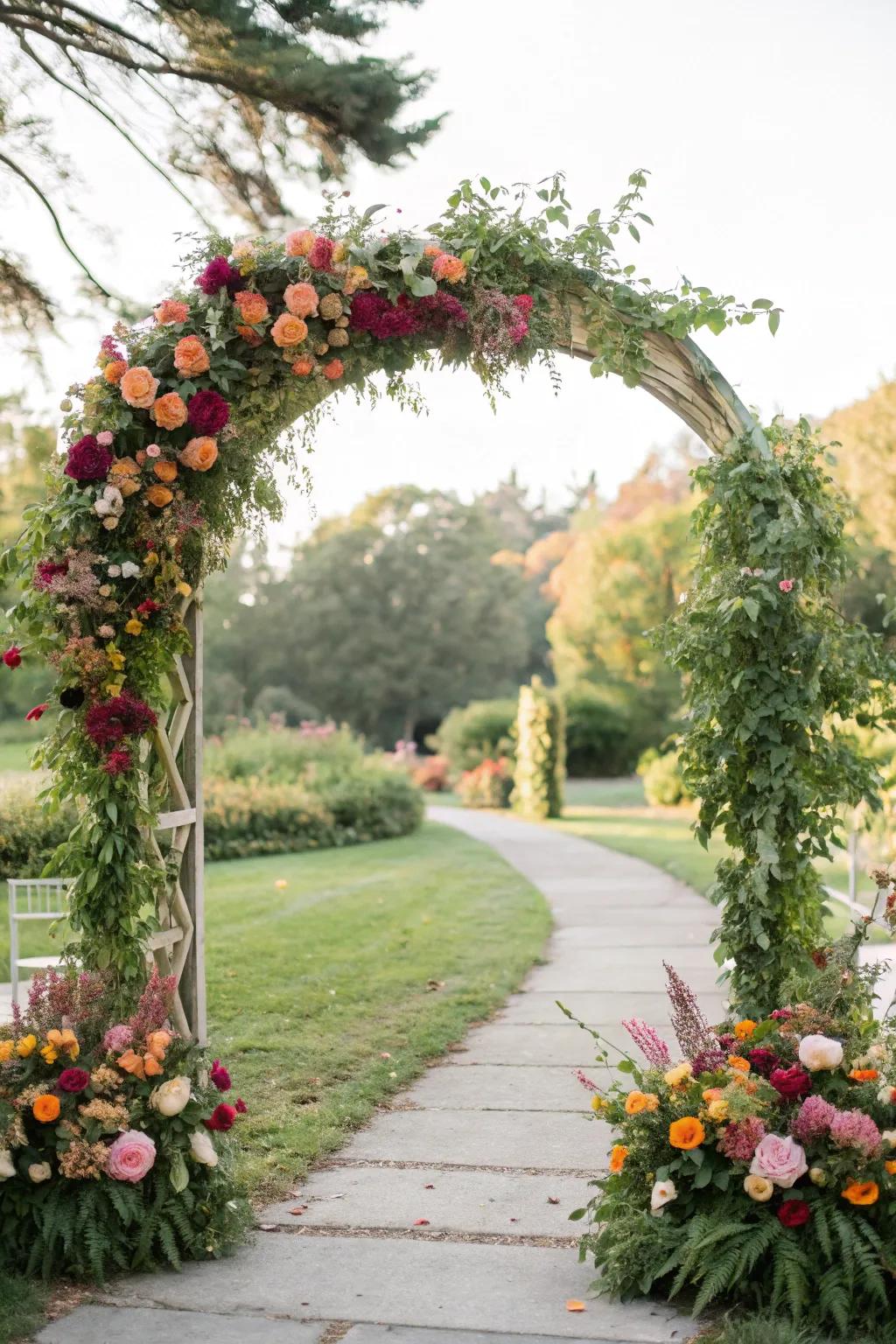 A vibrant botanical archway, impeccable for wedding ceremonies.