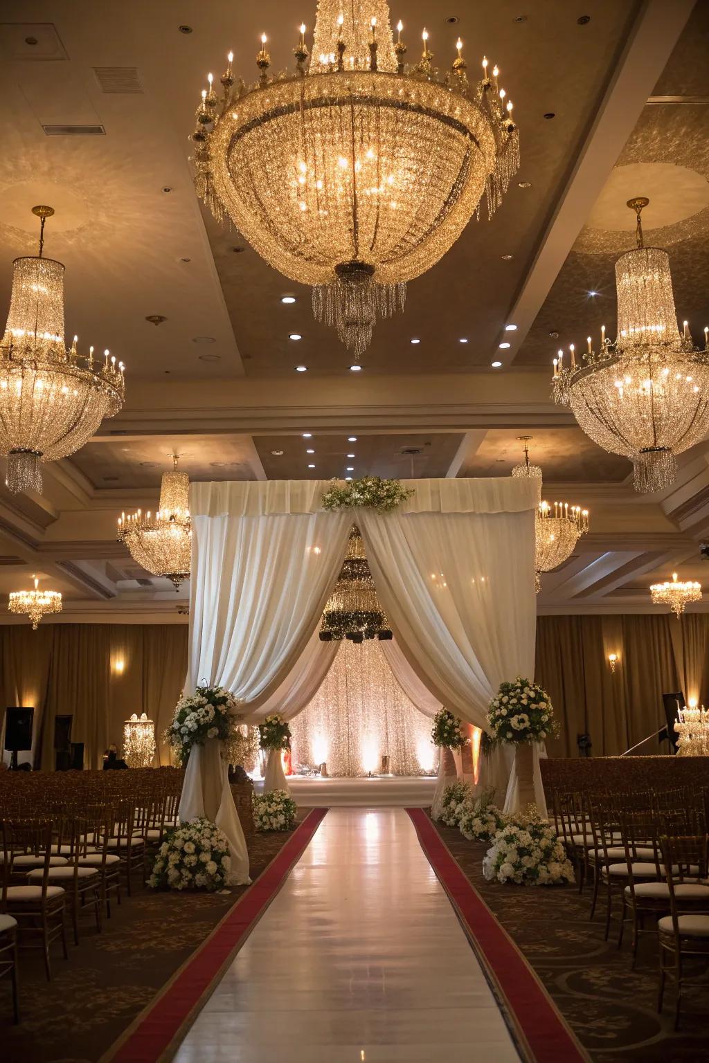 Unite ornate lighting fixtures and drapes for a sumptuously elegant wedding atmosphere.