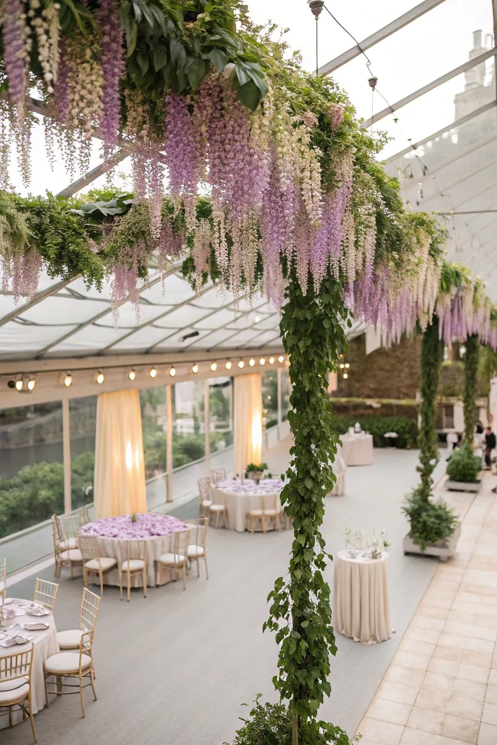 Captivating suspended floral artistry fosters a magical ambiance