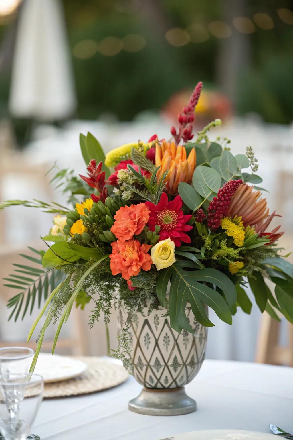A vibrant table centerpiece uniting flowers and verdant elements, perfect for crafting a memorable wedding celebration.
