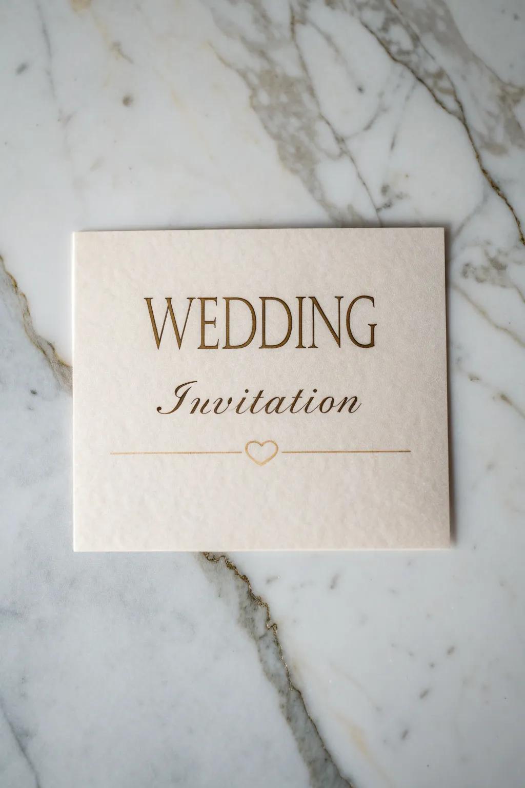 An invitation exhibiting sophisticated typography displayed on a marble veneer.