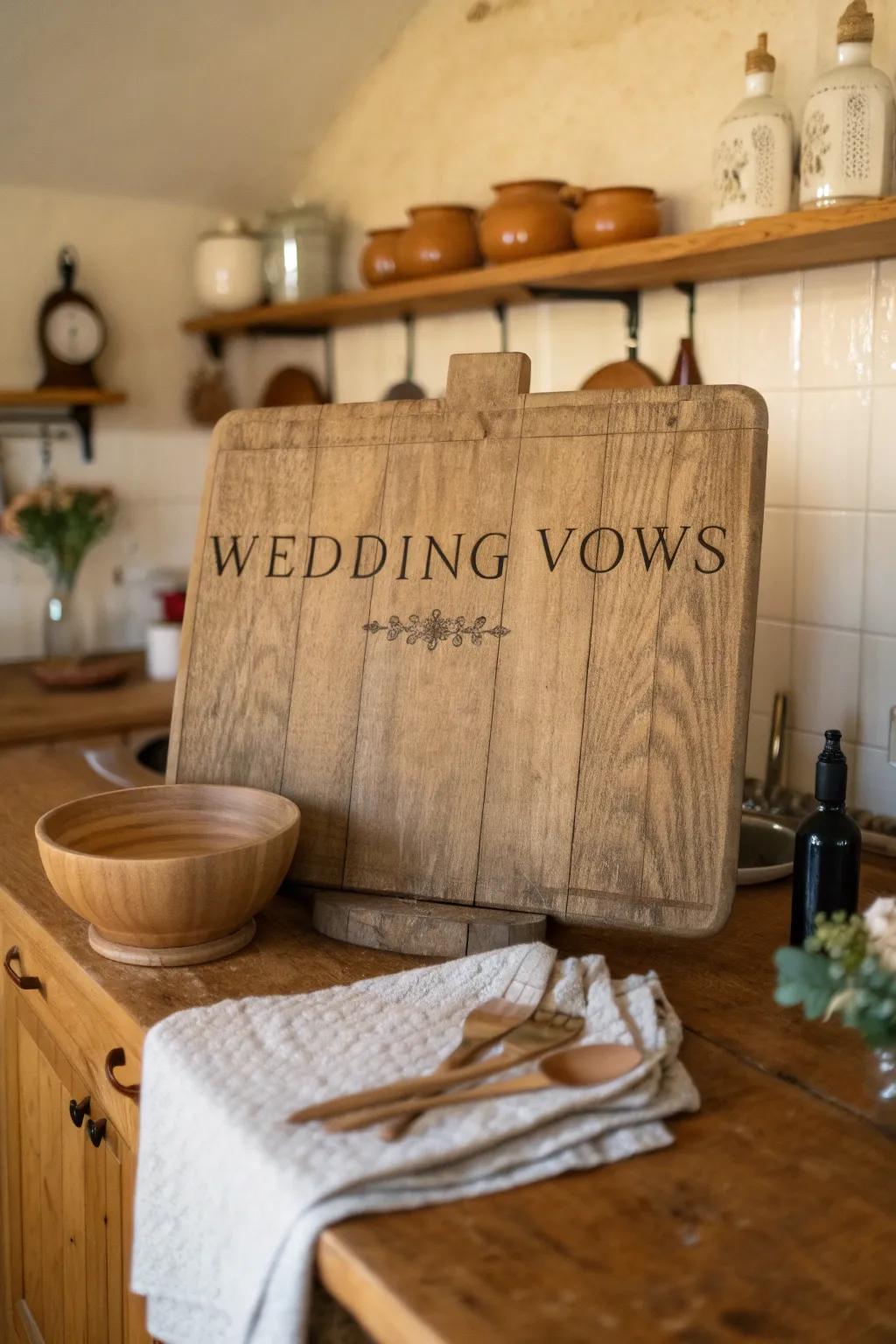 A kitchen exuding rustic appeal, showcasing engraved wooden vows.