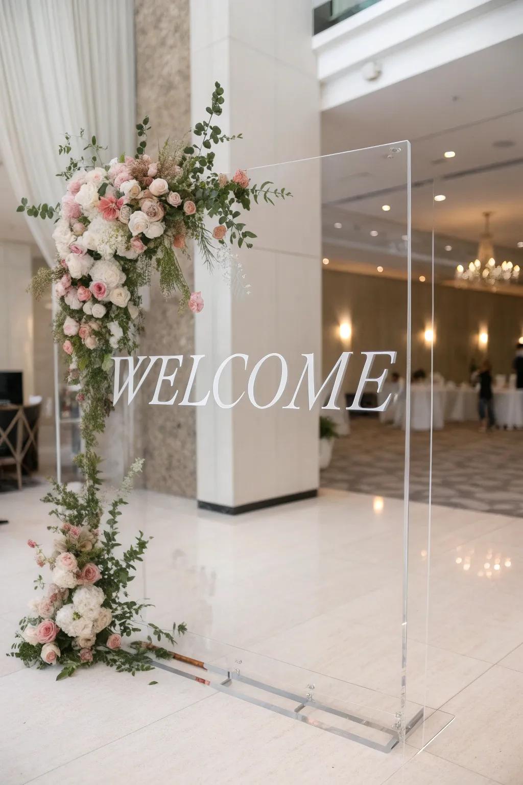 A modern transparent greeting plaque featuring customized details and botanical accents.