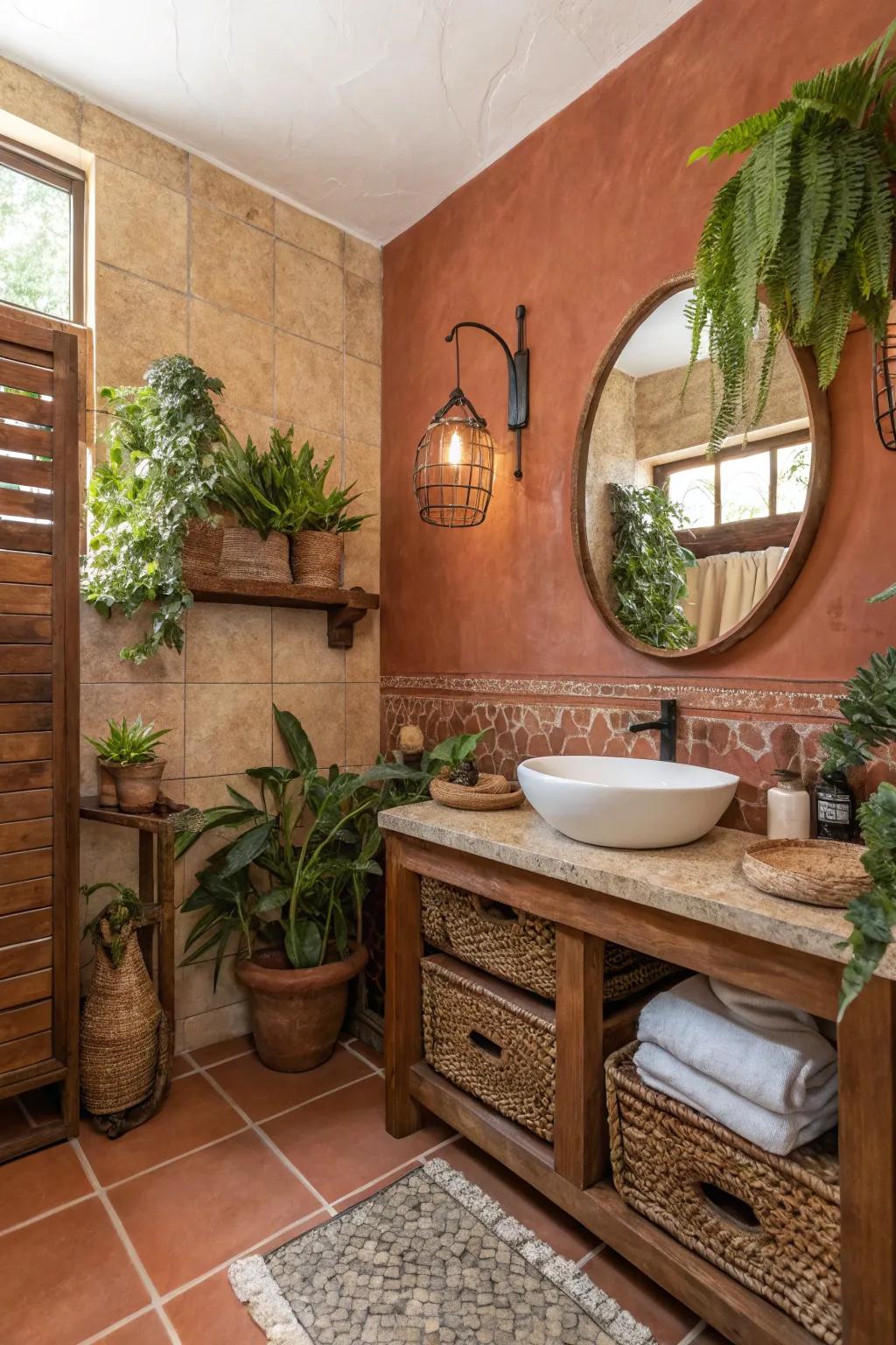 Organic shades cultivate a peaceful environment in this Western-themed bathroom.