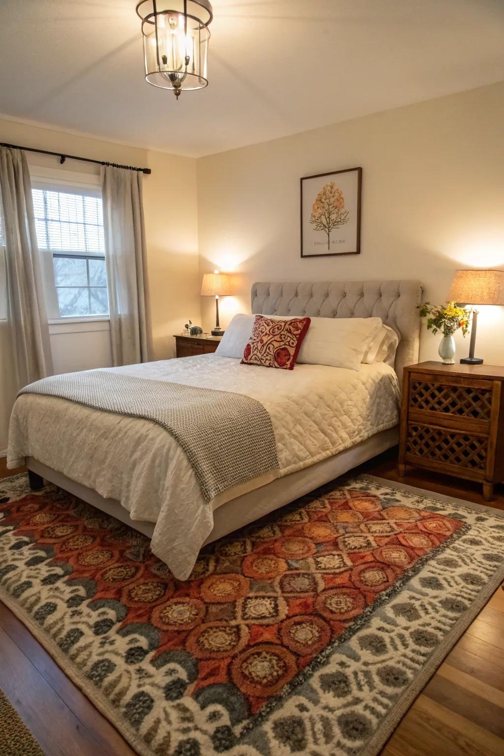 A 4x7 floor covering imparts a snug sensation to a modest bedroom, flawlessly offsetting the queen bed.