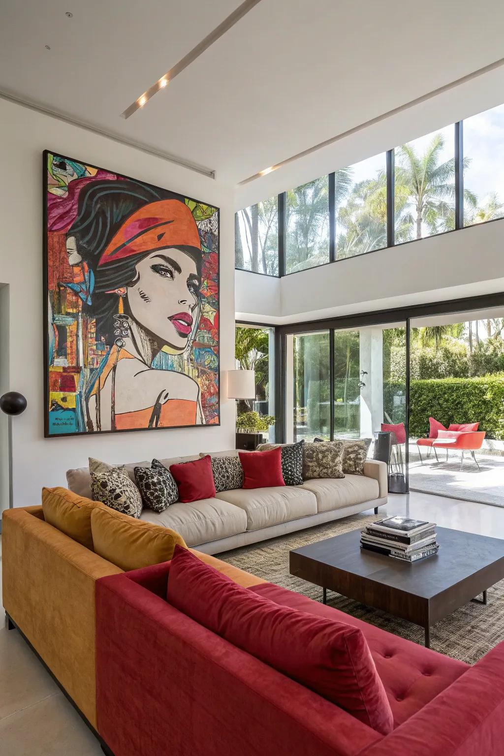 Make a strong statement with an oversized art piece above your sofa.