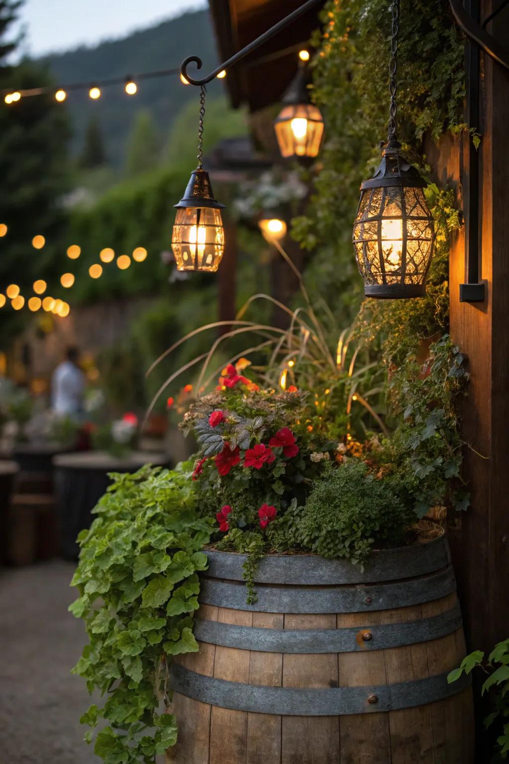 A picturesque elevated garden display with beacons suspended over lush flora.