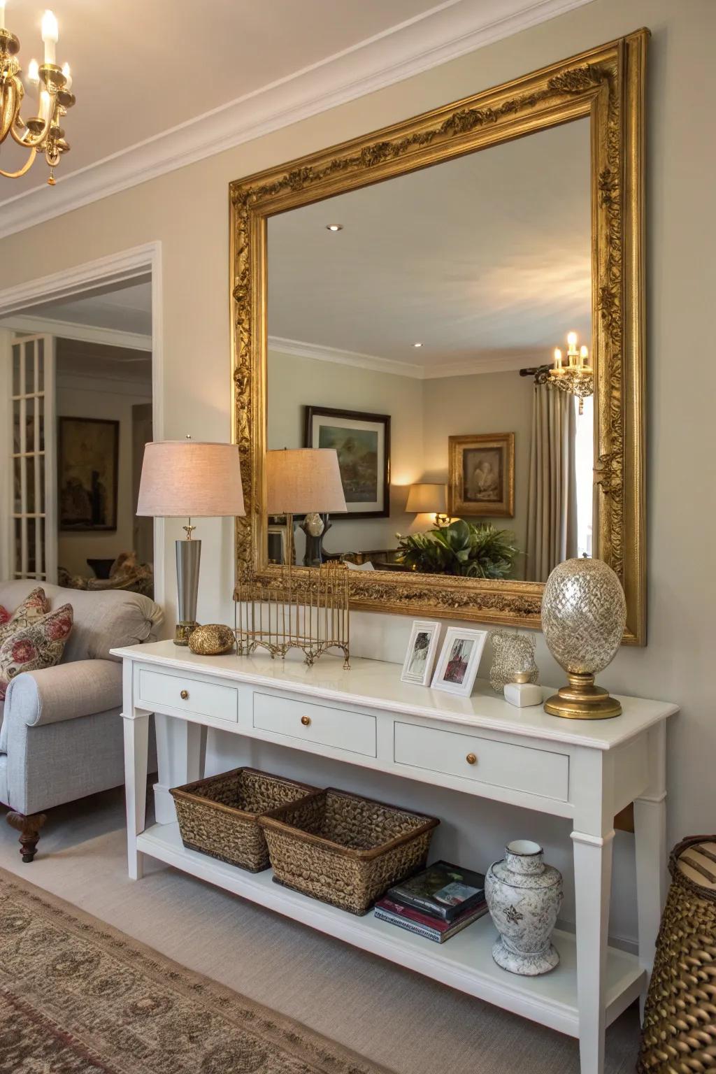 Mirrors in gold frames bring a dash of glamour and visually enlarge the space.