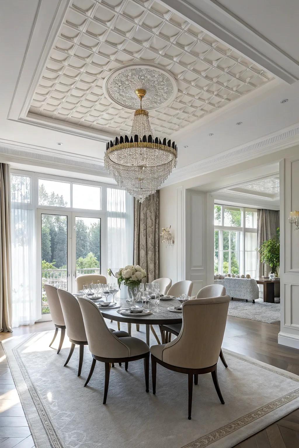 An eating area with a white ceiling that delivers the perfect backdrop for a dazzling chandelier.
