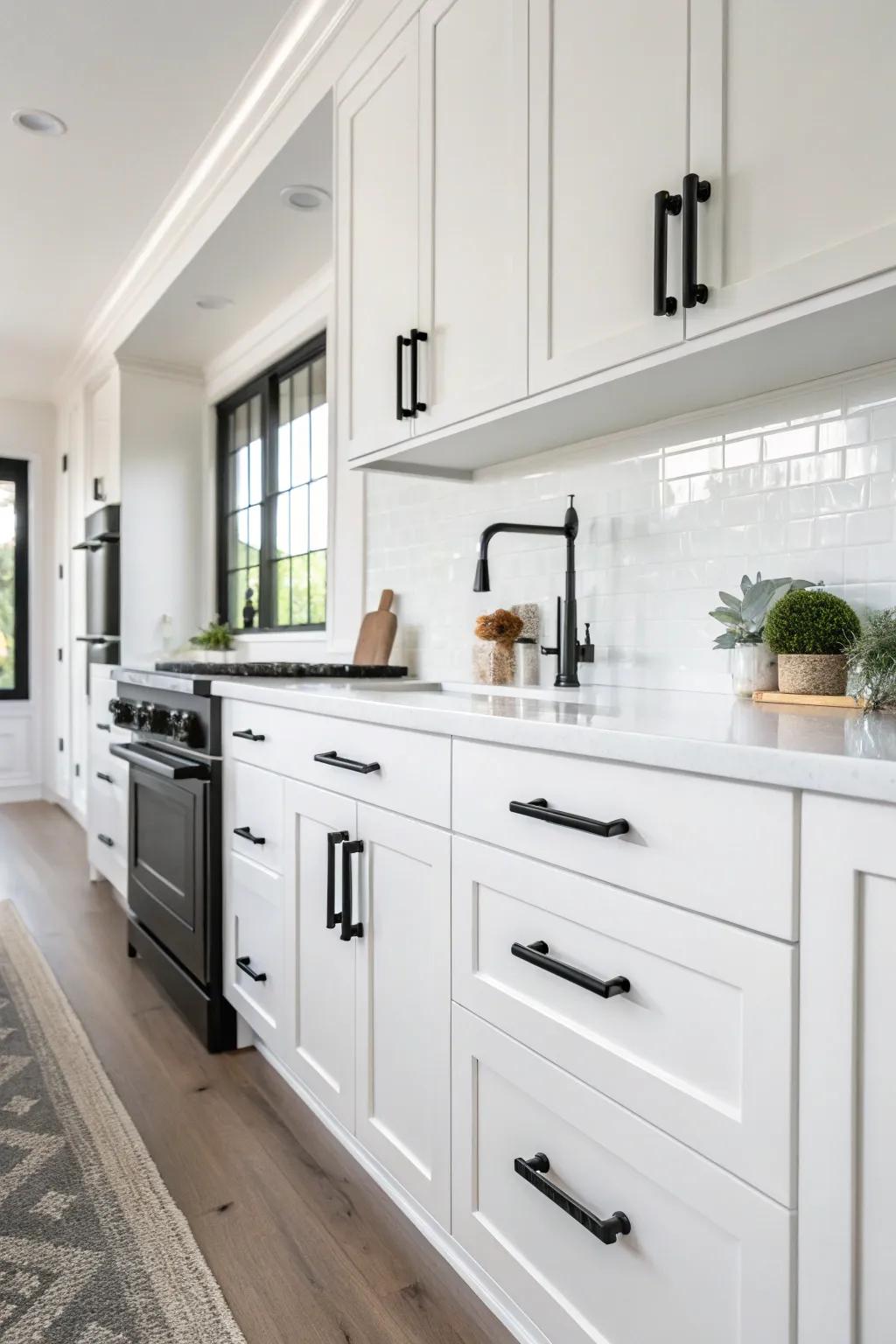 Striking dark charcoal fittings supplying a striking comparison to ivory cabinetry.