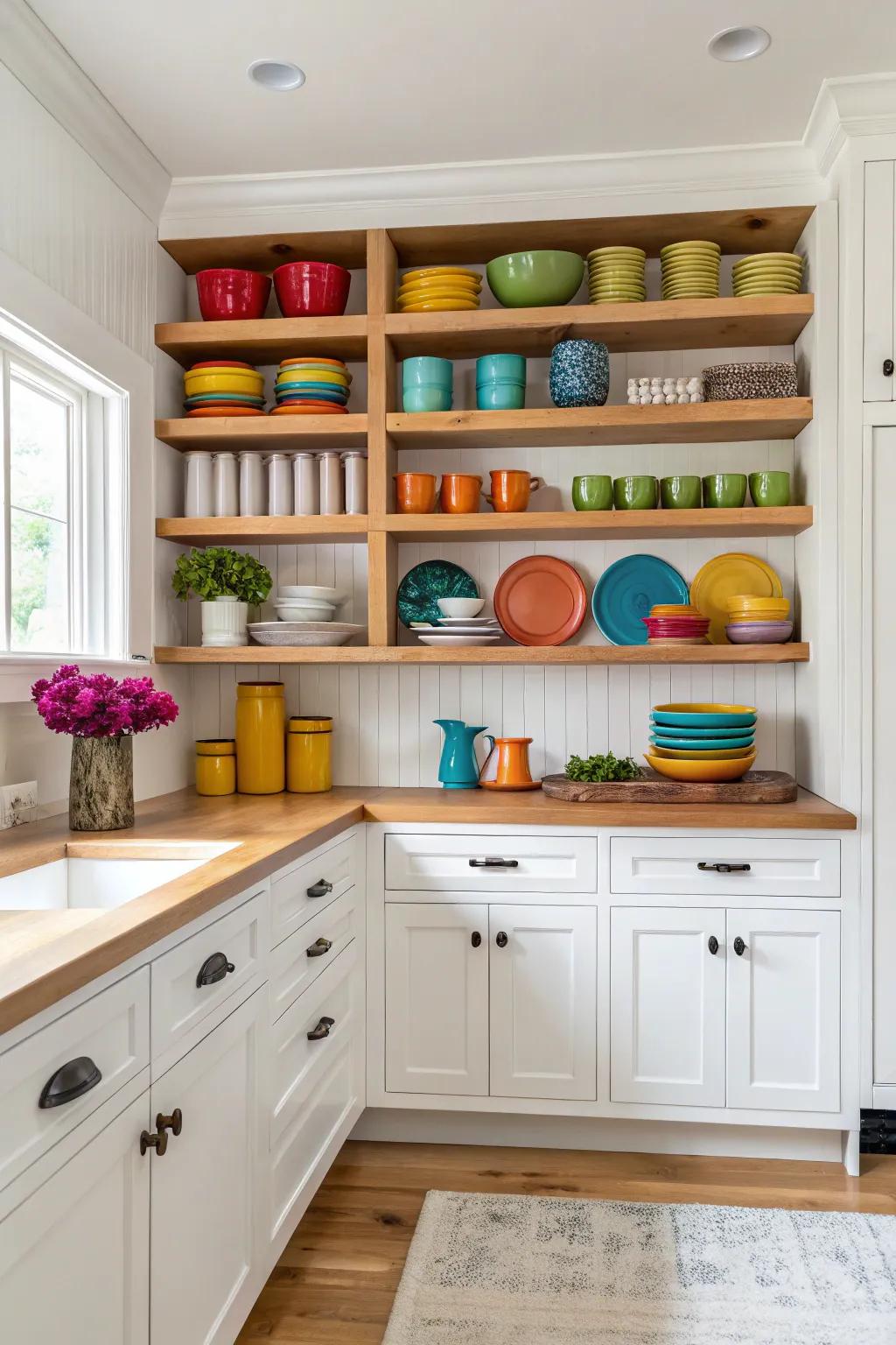 Open shelving imparts character and coziness to kitchens with white cabinets.