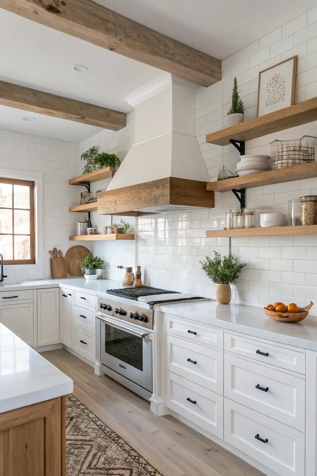 Natural wood features provide warmth and texture to the spotless white kitchen.