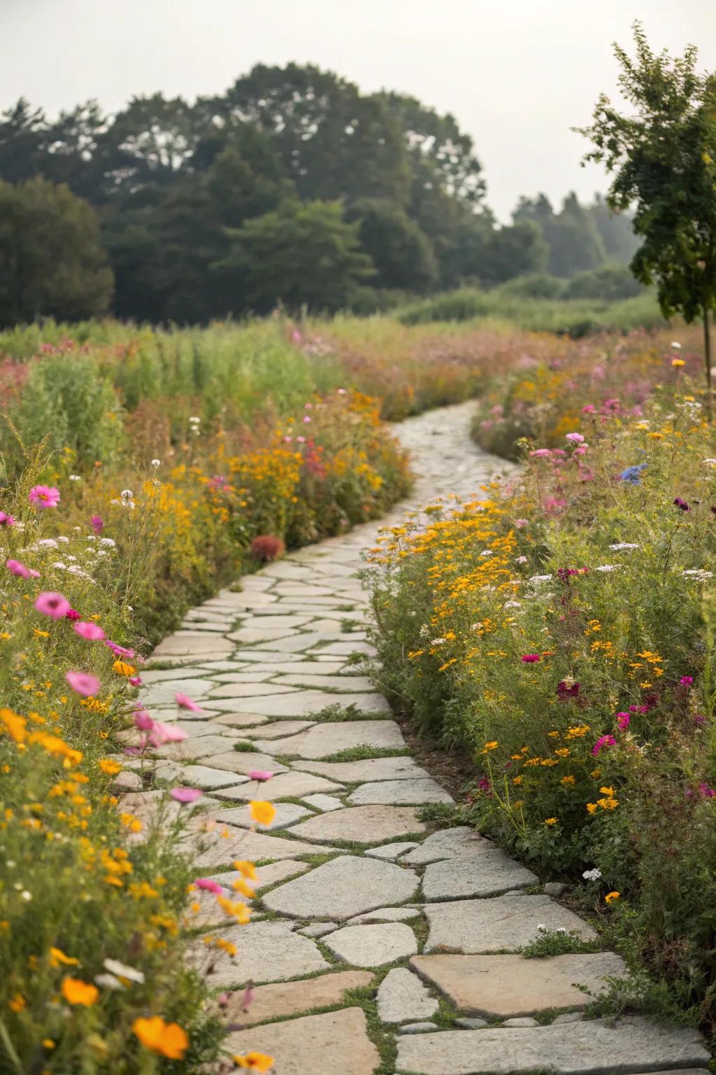 A stone path beckons, inviting exploration into a wildflower sanctuary.