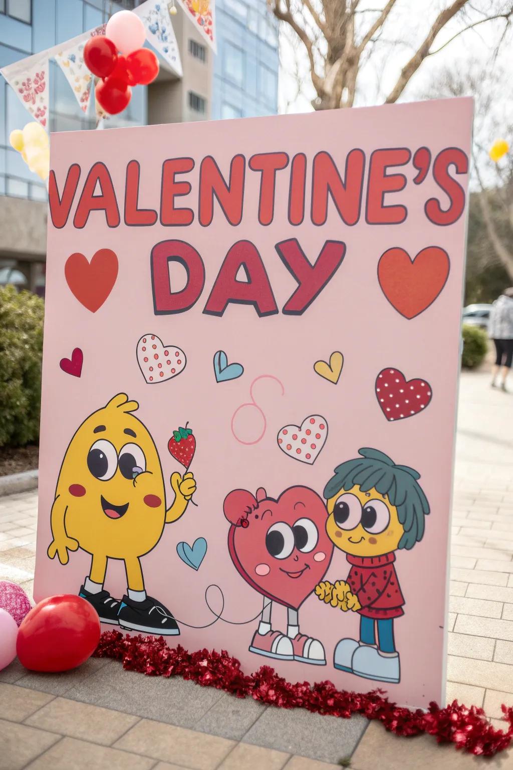 A playful Valentine's poster showcasing humorous wordplay and lively cartoon illustrations.