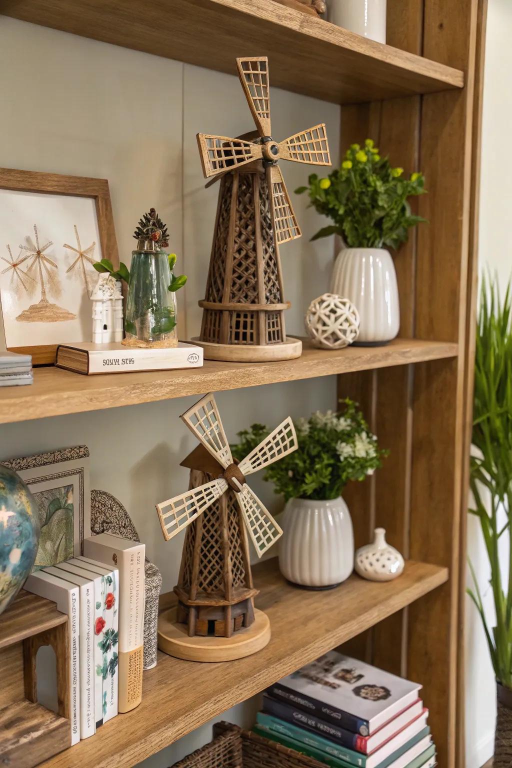Incorporate diminutive mill figures on shelving for a textured presentation.