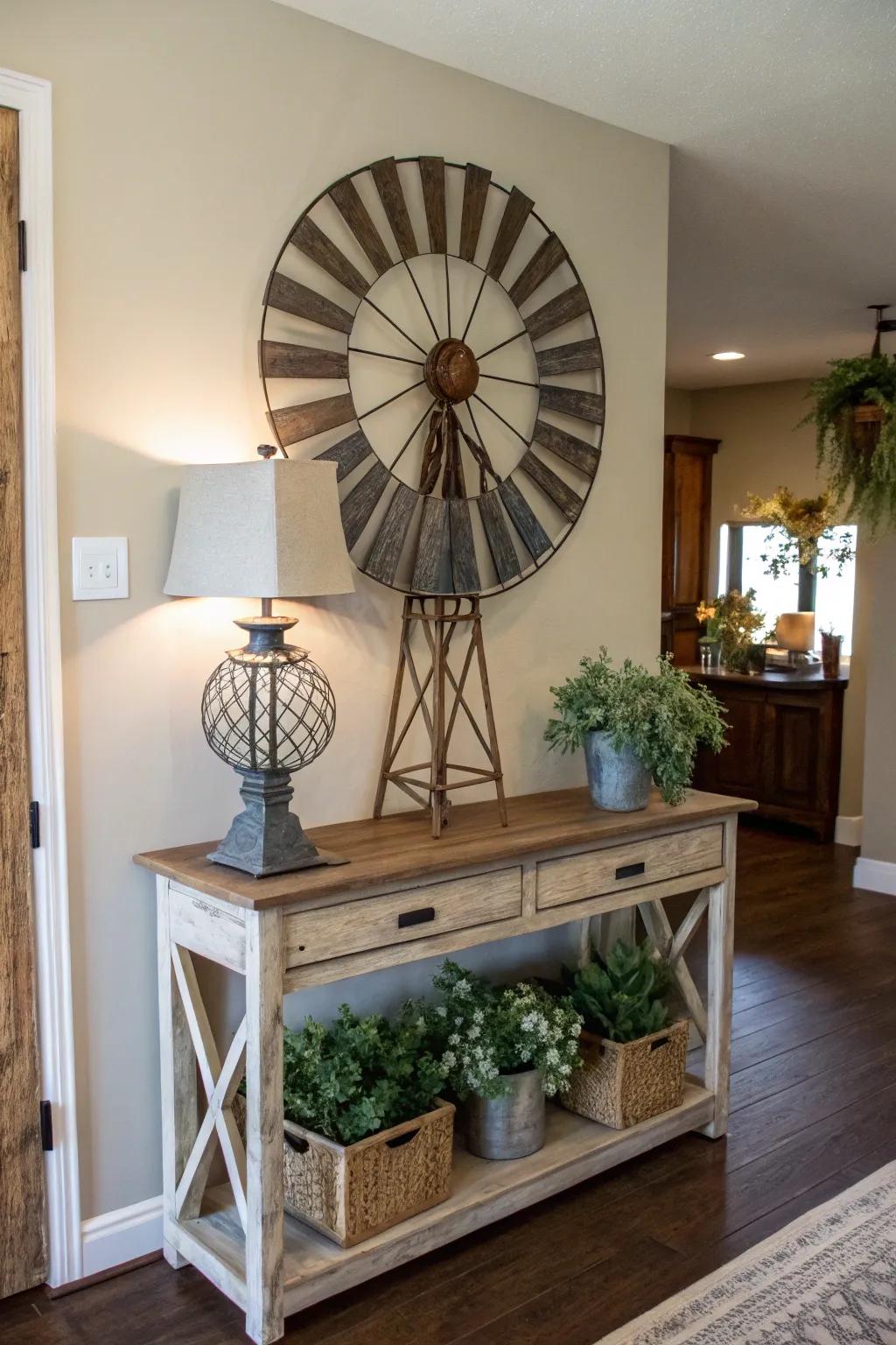 Windmill decor in the entryway cultivates a charming first impression.