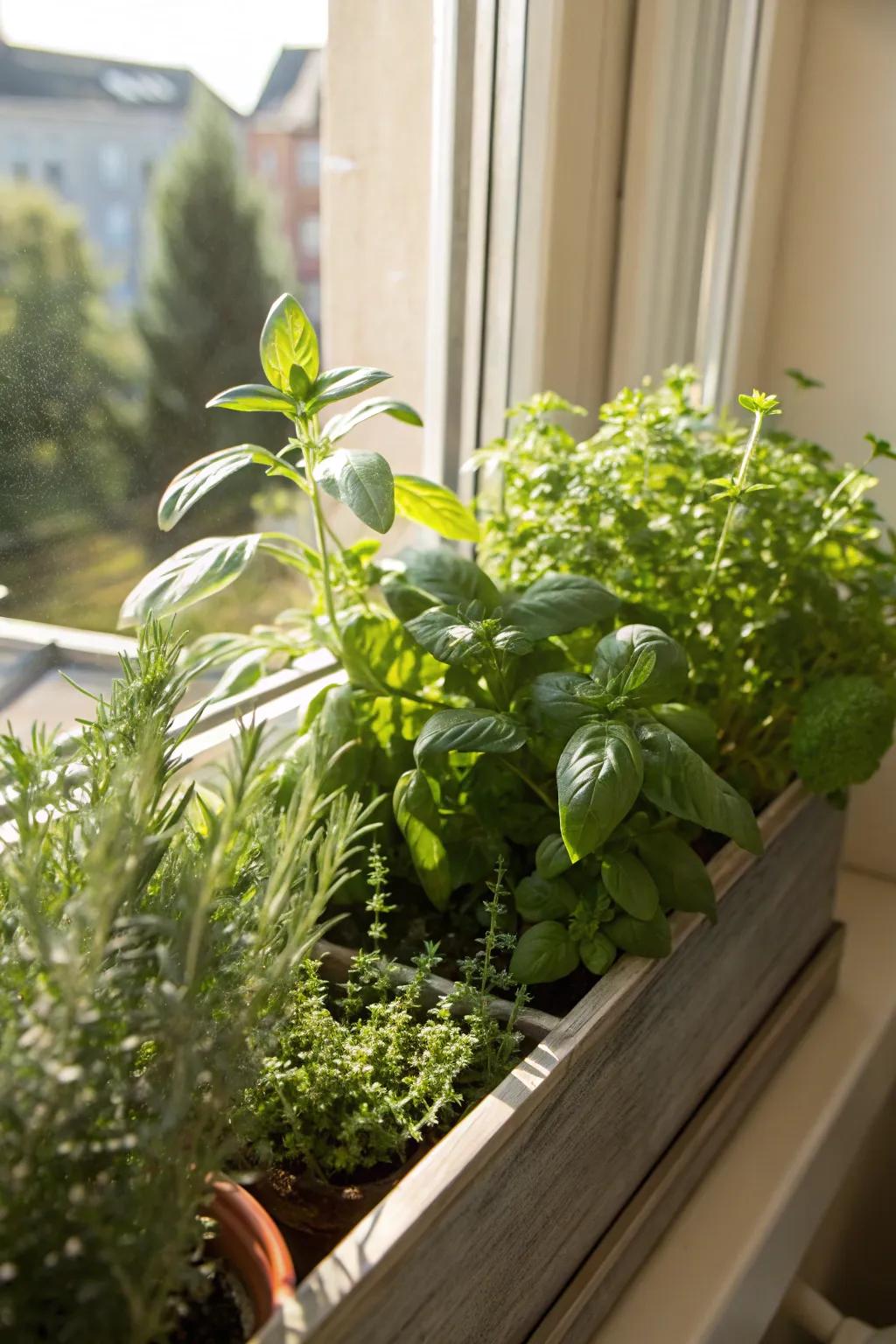 A window box brimming with fresh herbs offers both practicality and charm