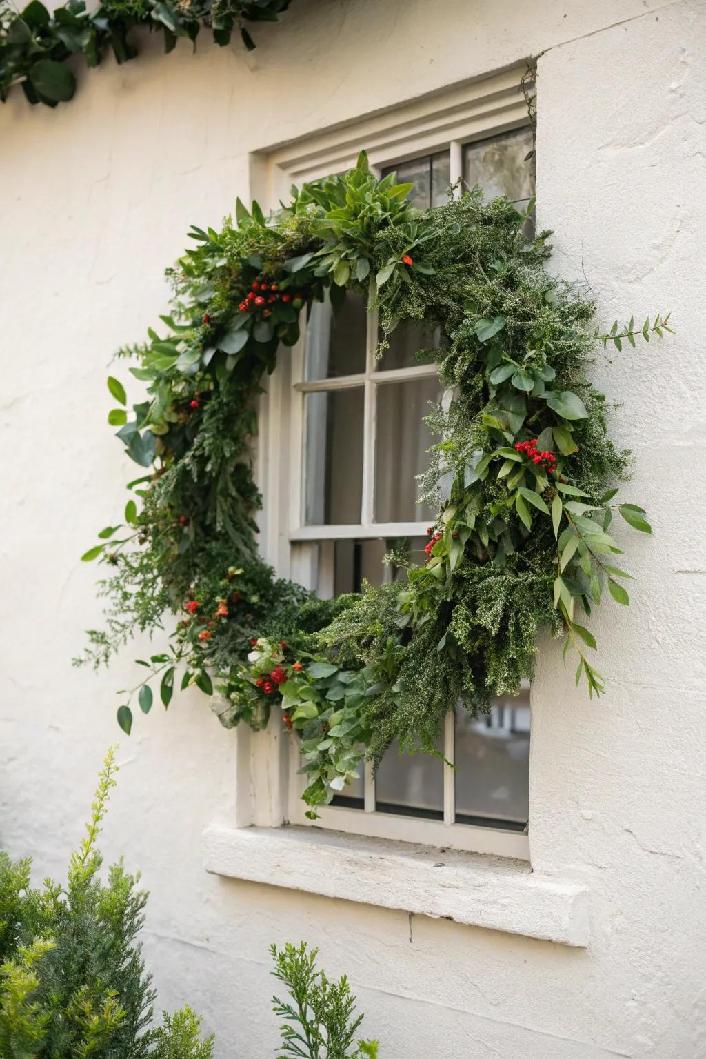 Verdant wreaths inject a refreshing essence into window frames.