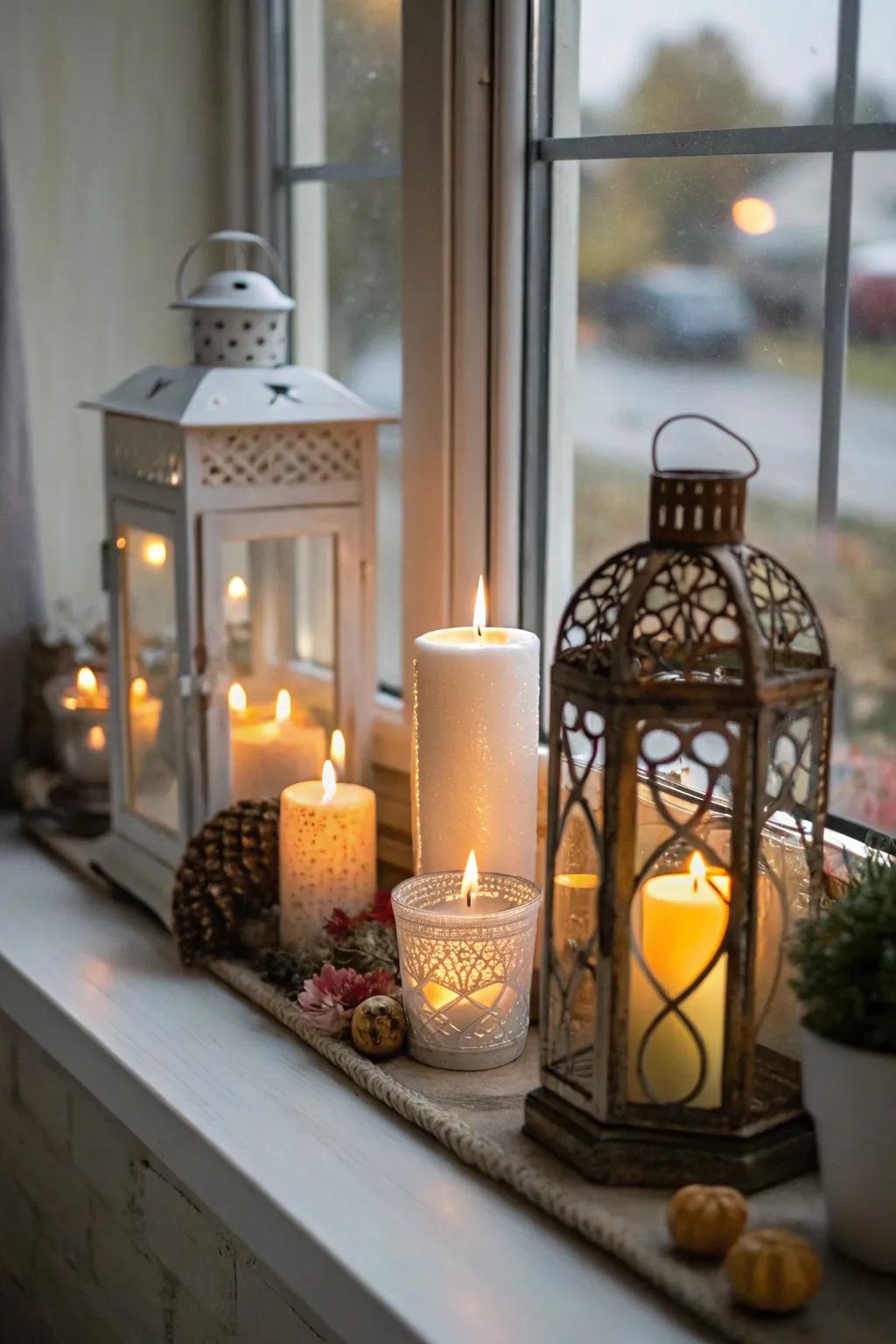 Candles and candle holders projecting a soothing glow on a window sill.