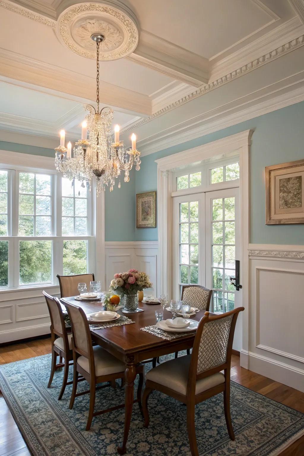 Pure white trim provides a sophisticated frame for dining room windows.