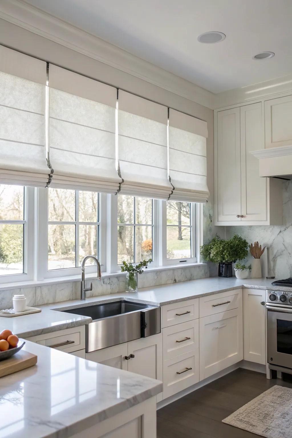 Roman shade valances offer sophistication and practicality.