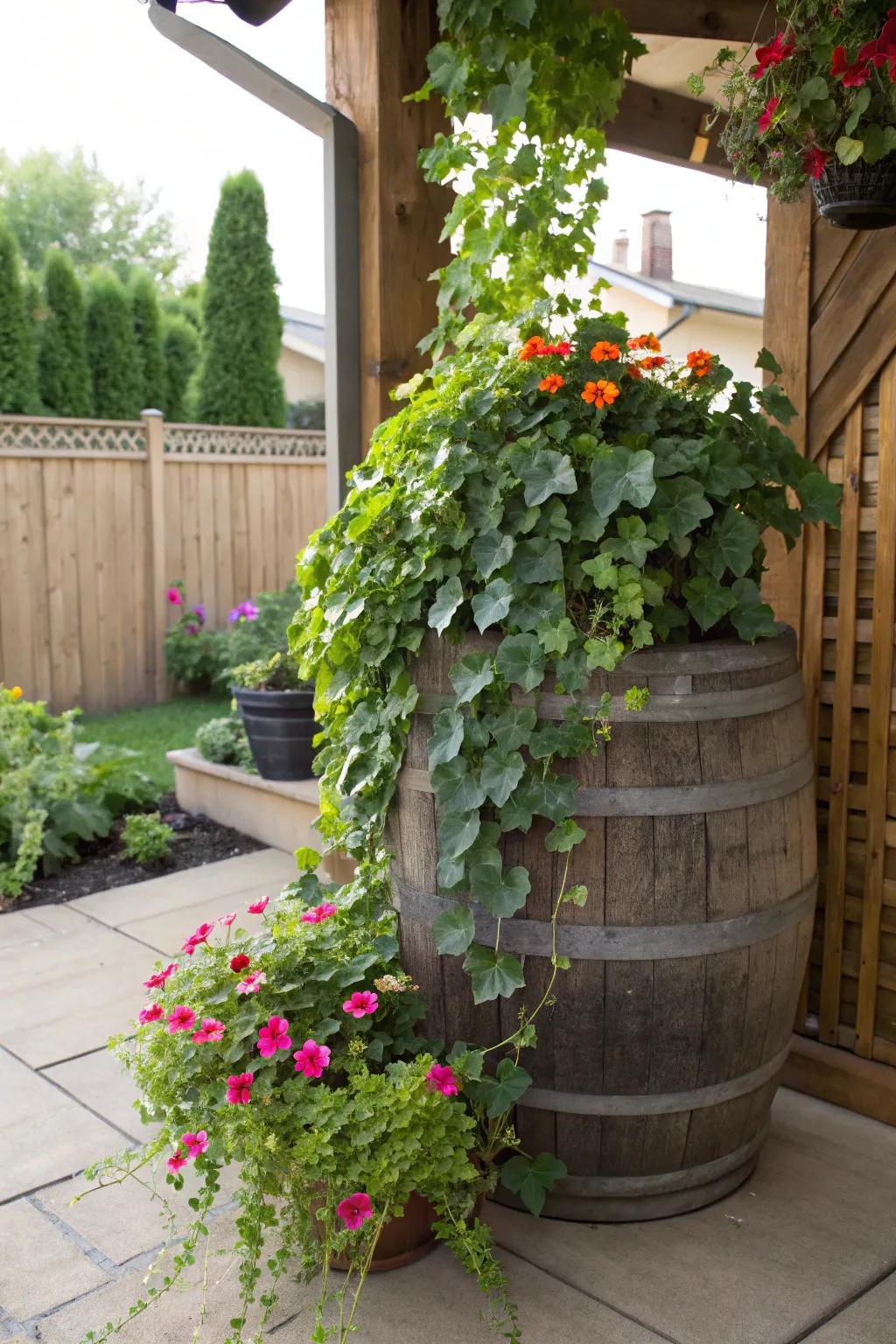 A welcoming veranda nook highlighting a wine barrel planter.