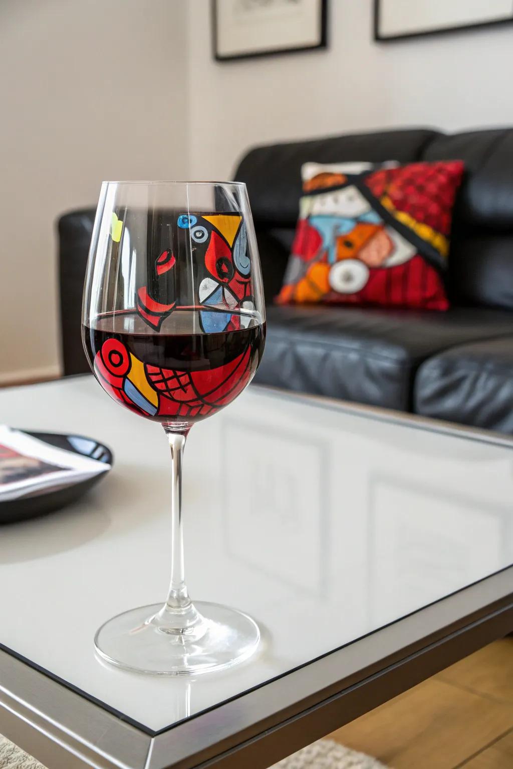 Abstract art on a wine glass transforming each sip into an artistic journey.