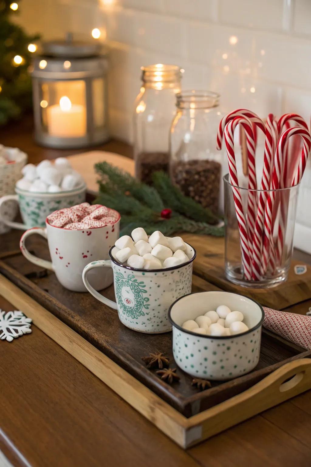 A cozy hot cocoa bar setup with vintage mugs and a variety of toppings.