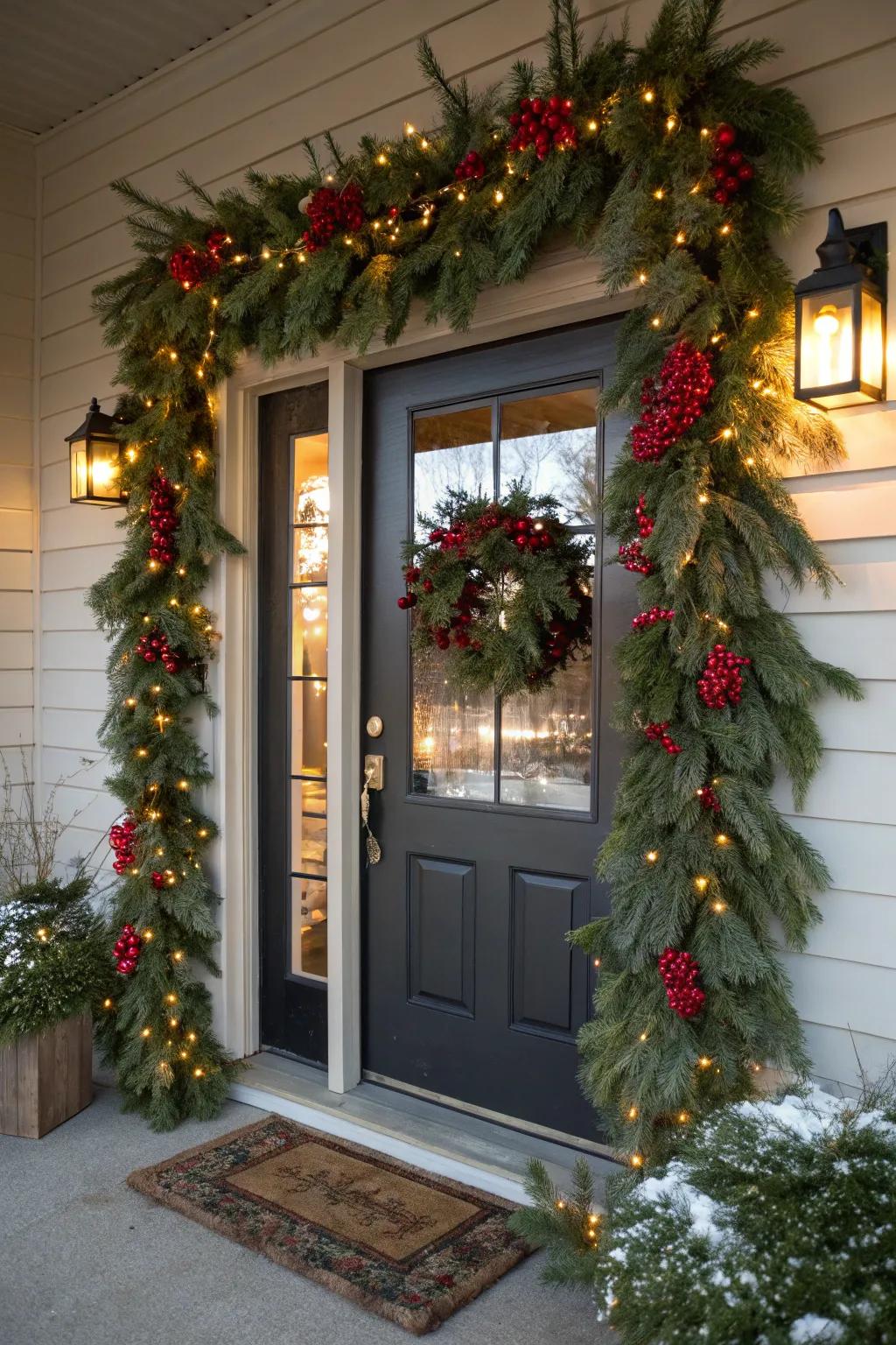 Radiant festoons bring festive joy to this winter doorway.