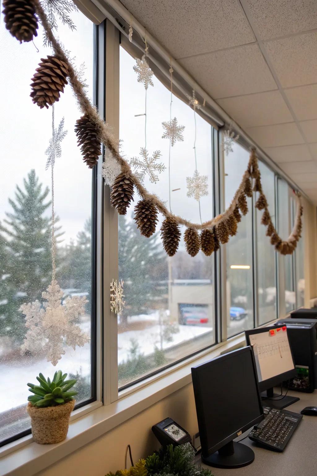 A handmade wreath includes rustic appeal and a personal touch to the workplace.