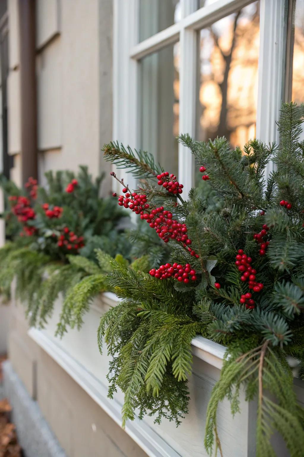 Vivid red berries offer a striking contrast to the rich greenery in this celebratory window box.