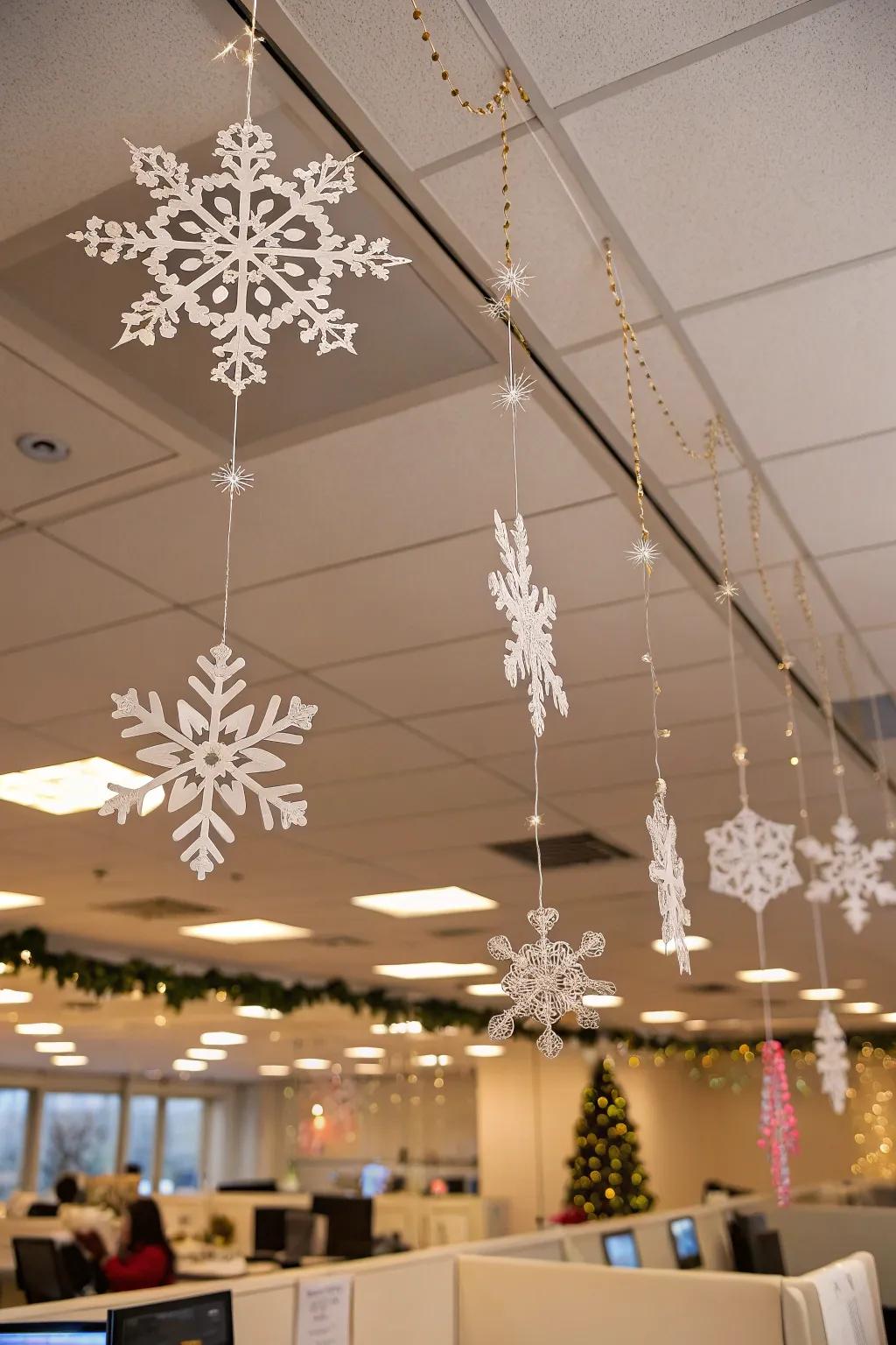 Snowflakes gracefully descend from the ceiling, bestowing a subtle essence of winter's enchantment upon the office milieu.