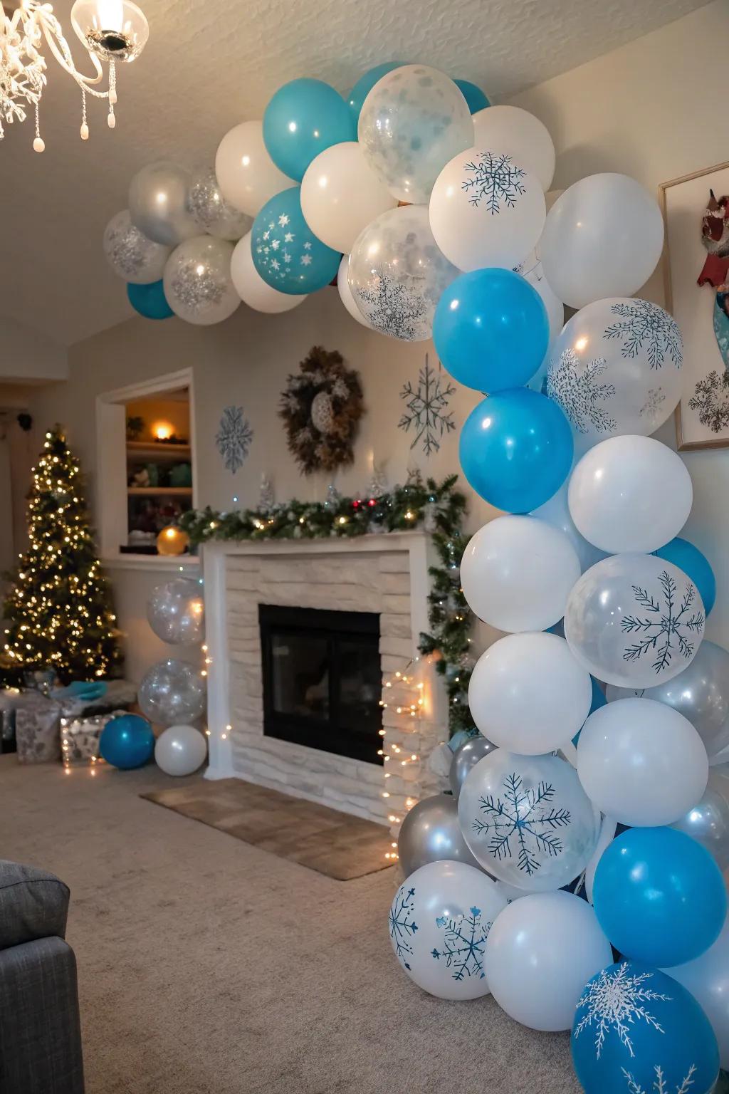 Balloons featuring winter hues cultivate a fanciful setting.