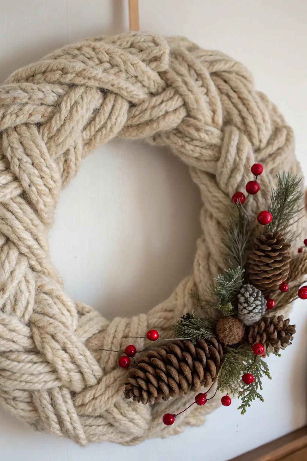 Infuse your entryway with warmth through a wool-wrapped wreath.