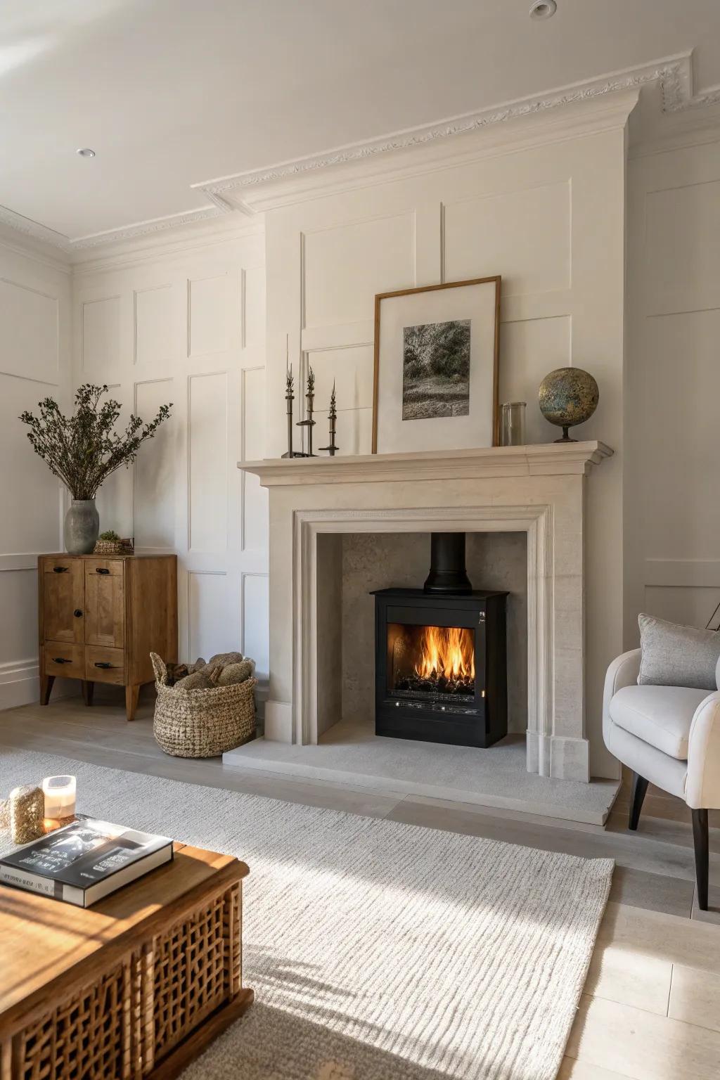 Modern minimalism featuring a streamlined fireplace aesthetic.