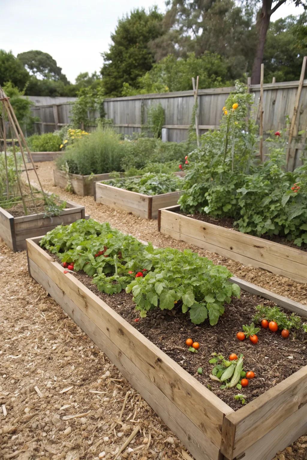 Wood chips offer a refined and useful boundary encircling elevated garden beds.