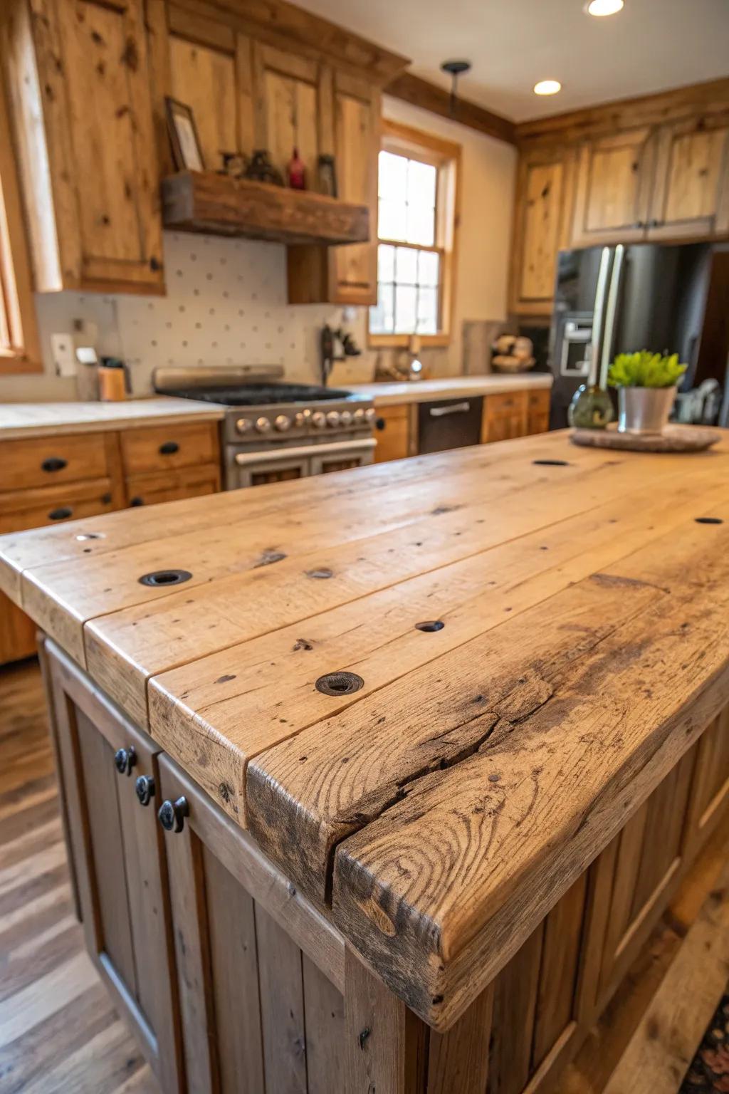 Recycled timber countertops telling a story through each grain and imperfection.