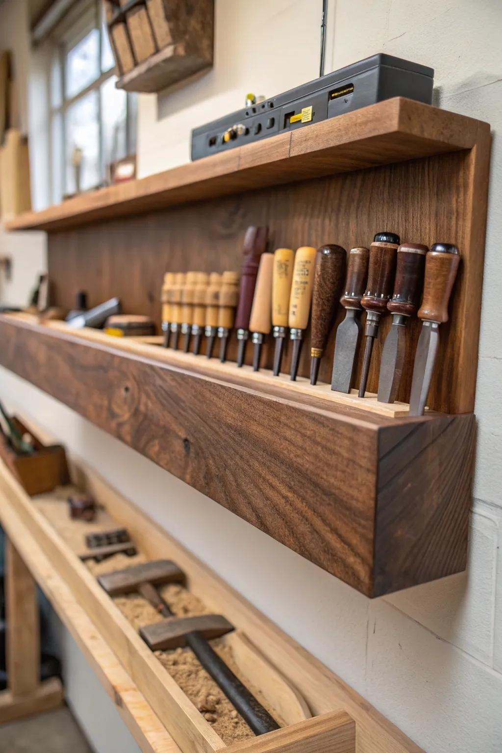 Amplify your operational space through graceful elevated tool racks, interweaving function and artistry.