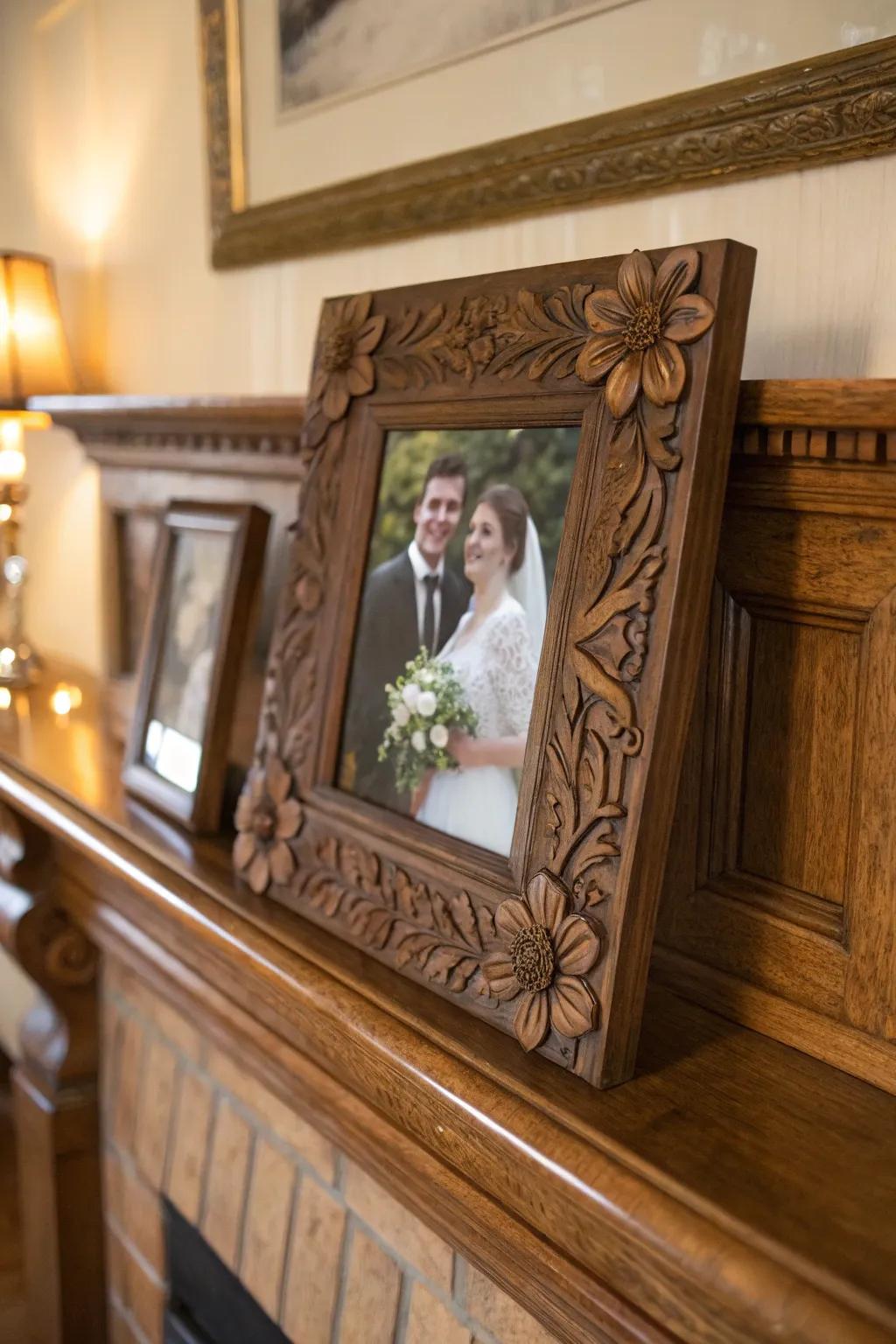 A personalized wooden portrait frame to accentuate a special wedding moment.