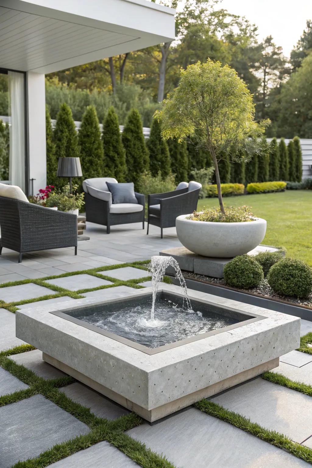 A streamlined, contemporary cascade imparting an element of refinement to a contemporary courtyard.
